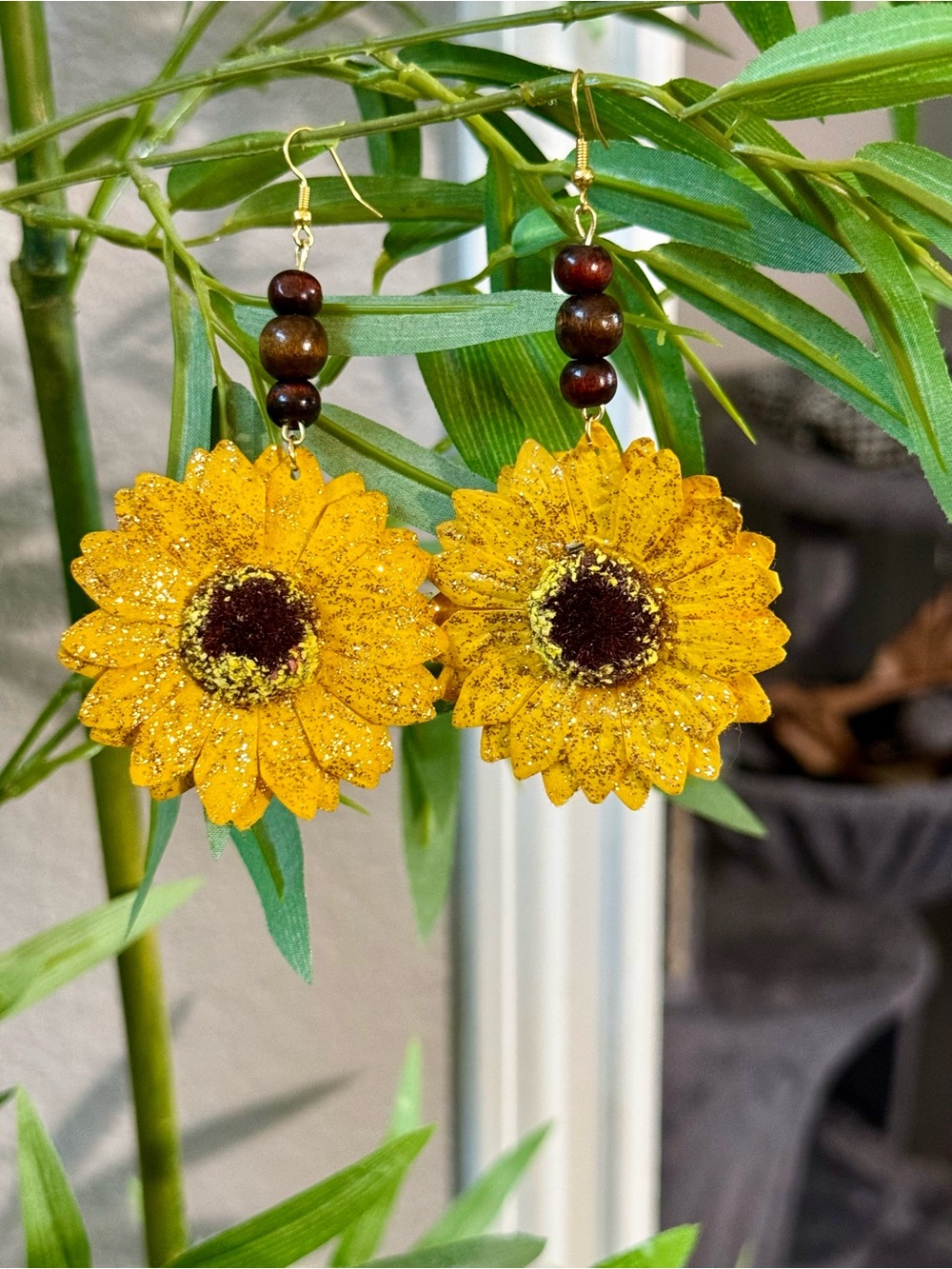 Handcrafted Boho Glitter Sunflower Dangle Earrings | Wood Bead Accents NEW